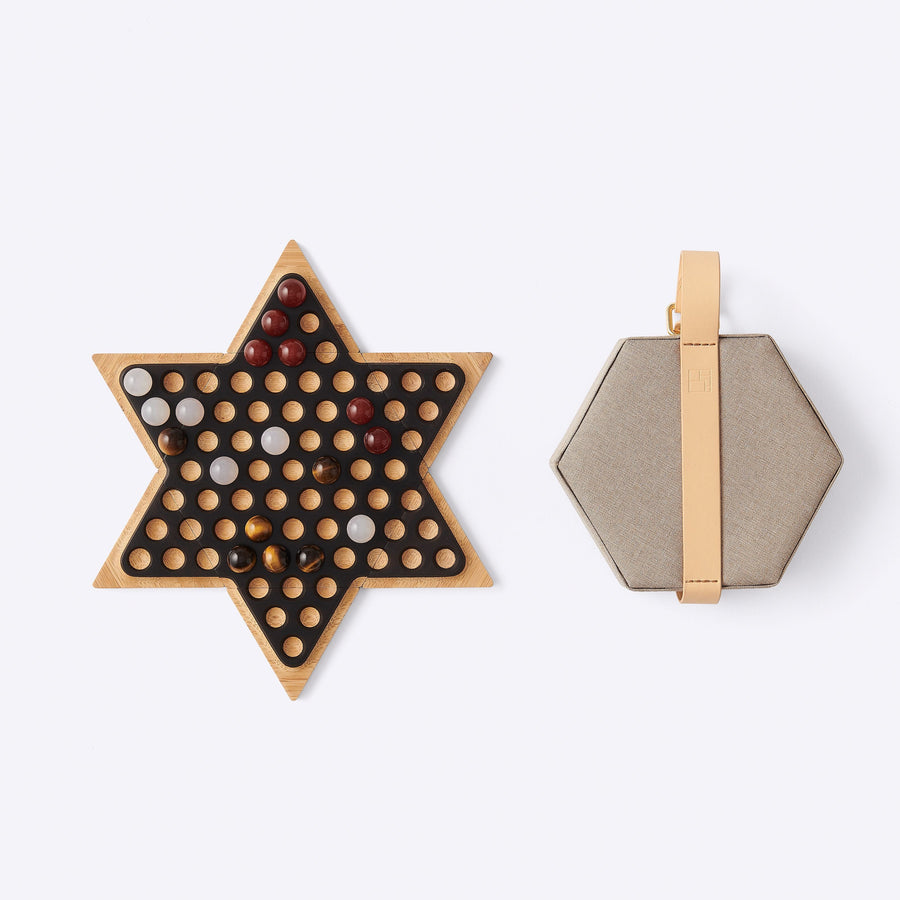 East African Blackwood and Bamboo Board with Agate and Tiger Eye Checkers Chinese Checkers Set