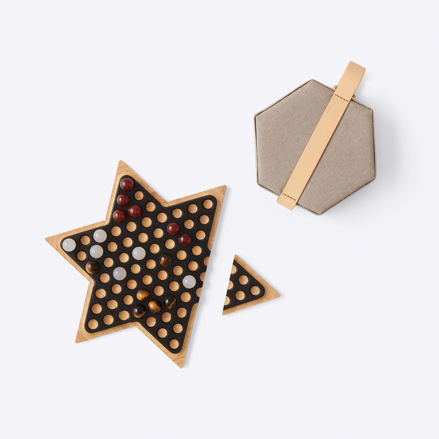 East African Blackwood and Bamboo Board with Agate and Tiger Eye Checkers Chinese Checkers Set