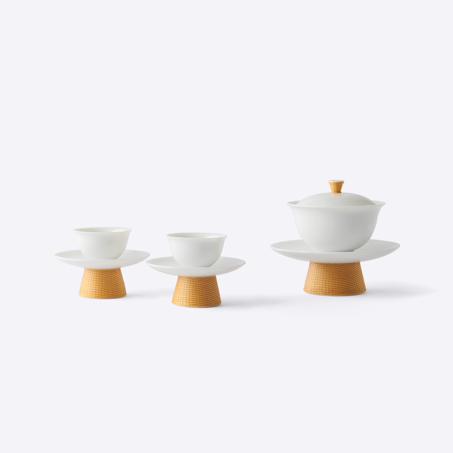 Porcelain and Bamboo Weaving Teacup Set with Infusion Pot, Natural