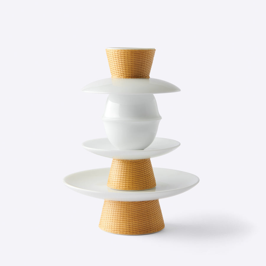Porcelain and Bamboo Weaving Teacup Set with Infusion Pot, Natural