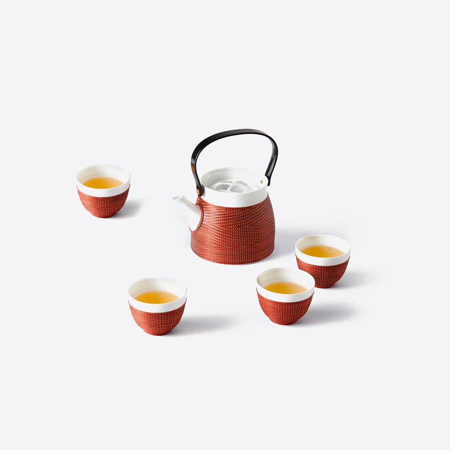 Dragon Cloud Collection Porcelain and Bamboo Weaving Tea Set, Red