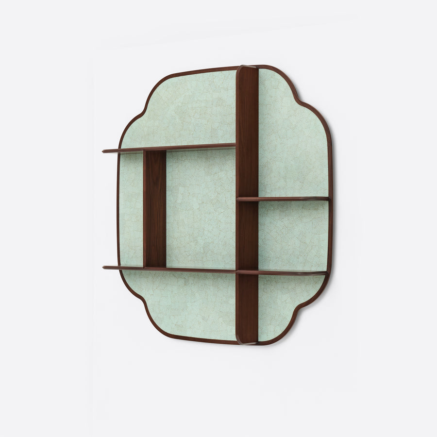 Eggshell Lacquer and Walnut Wall-mounted Shelf, Green