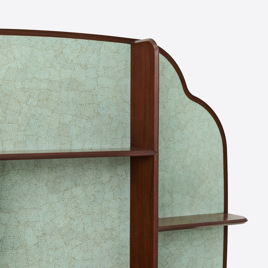 Eggshell Lacquer and Walnut Wall-mounted Shelf, Green
