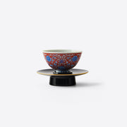 He Xin Qinghua Doucai Porcelain Teacup with Lacquer Saucer, Red