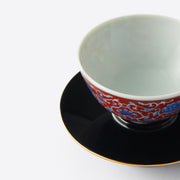 He Xin Qinghua Doucai Porcelain Teacup with Lacquer Saucer, Red