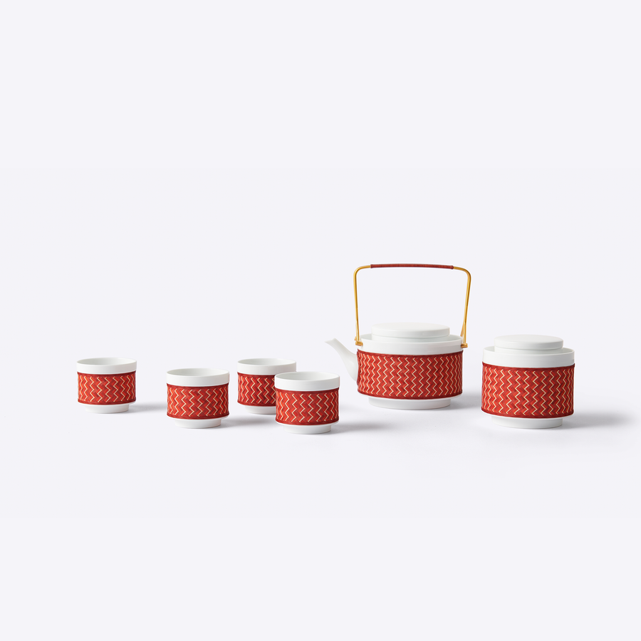 Manyi Collection Porcelain and Bamboo Weaving Tea Set, Red